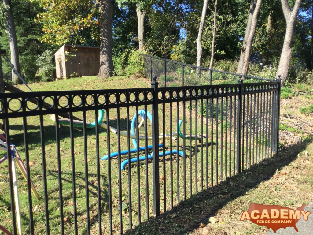 Black Aluminum Picket Fence for Playground with Rings Ball Caps Decorative Ornamental Installation Residential Commercial Academy Fence Company Livingston New Jersey Essex County