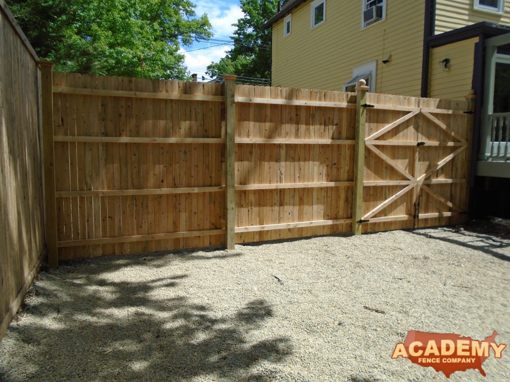8ft cedar wood solid board privacy wood fence w/ double gate installed by Academy Fence in Maplewood NJ - Essex County